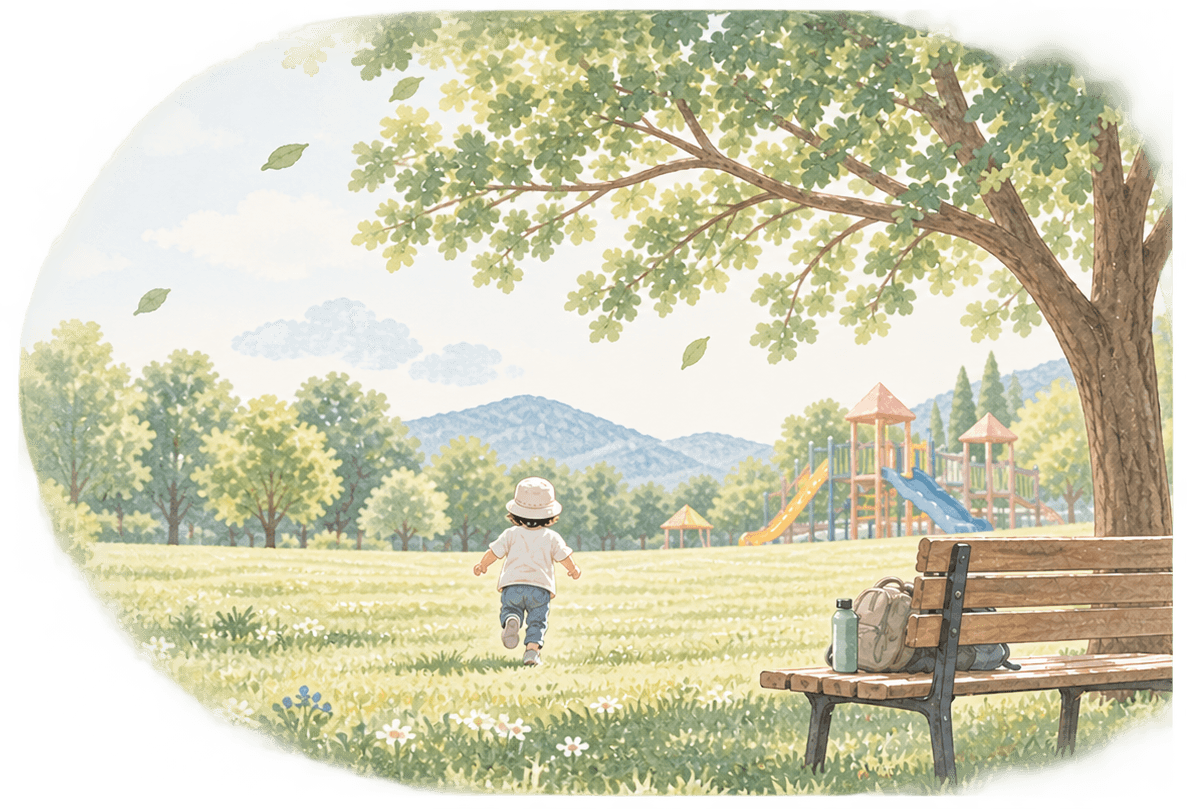 木漏れ日の公園を子どもが歩いていく水彩風のイラスト